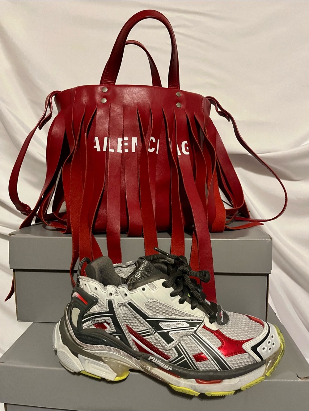 PURSE+ SHOES Balenciaga Red Leather Fringe Tote and Balenciago Gradient Runner